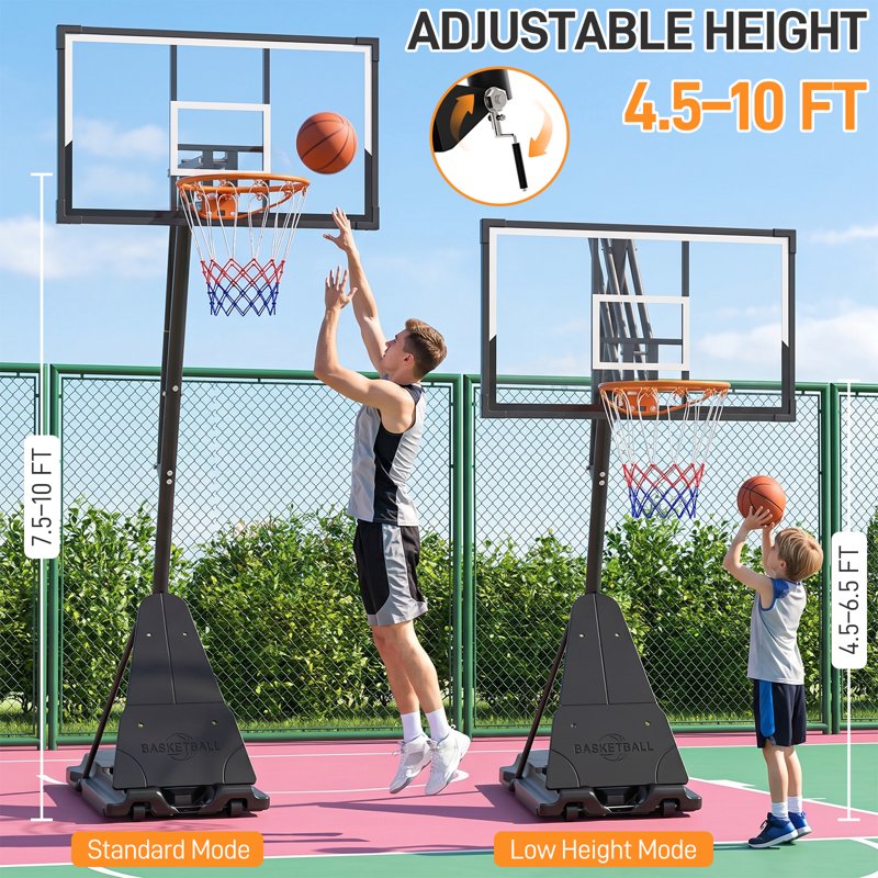 Portable Basketball Hoop with Adjustable Height 4.5-10FT, 54-Inch Backboard, Sandbag Stability