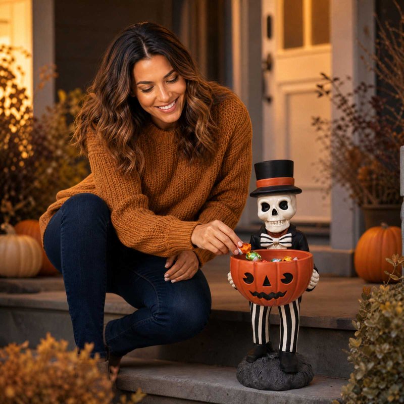 Outdoor Halloween Skeleton Candy Bowl Statue - Resin Pumpkin Dish with Top Hat & Bow Tie, 11 Inch Yard Decor