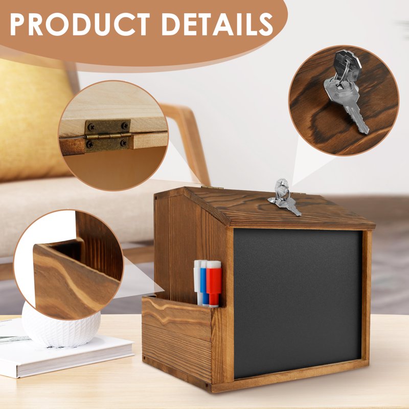 Wood Suggestion Box with Lock & Chalkboard - Wall & Countertop Mountable Donation & Comment Box