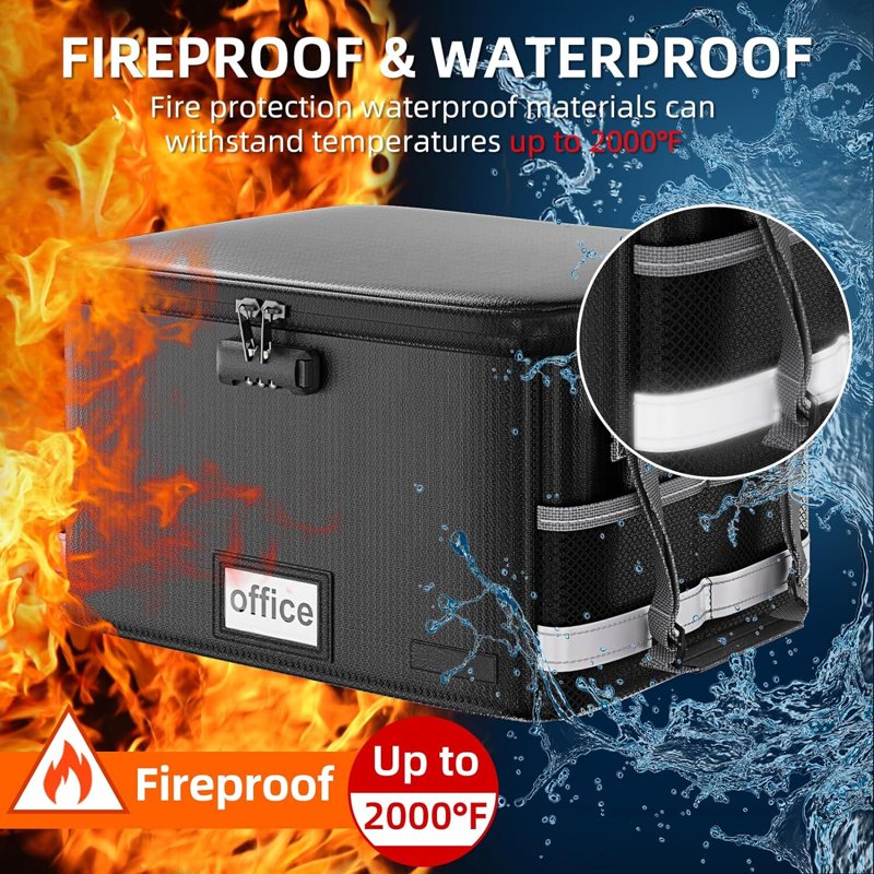 Fireproof Document Storage Box with Lock Waterproof Safe Organizer - Black