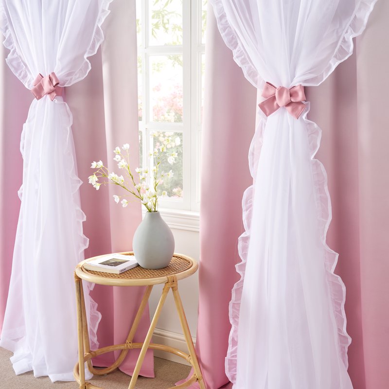 Double Layer Kids Room Blackout Curtains with Ruffle & Ombre Pattern - 2 Panels