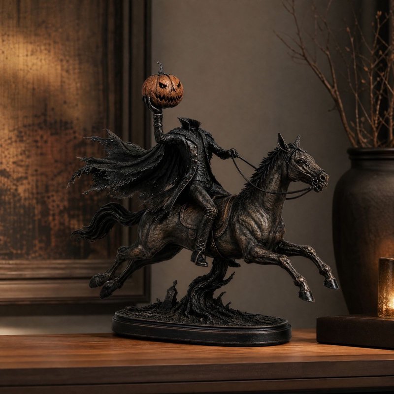 Halloween Headless Horseman Statue with LED Pumpkin Light, Gothic Tabletop Decor