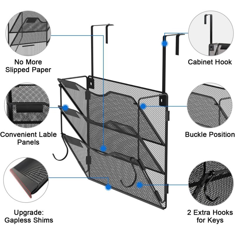 Wall File Organizer with 3 Pockets, Wall Mount or Hanging Folder Holder, Foldable Mesh Office & Home Storage