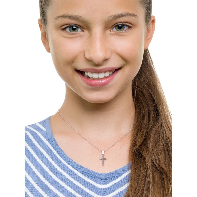 Sterling Silver Crystal Cross Necklace for Girls - 18 Inch Chain
