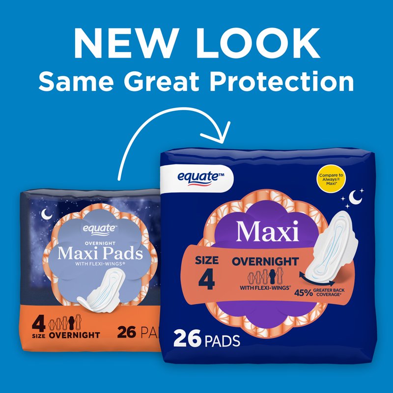 Overnight Maxi Pads with Flexi-Wings - Size 4, 26 Count, Dependable Absorbency