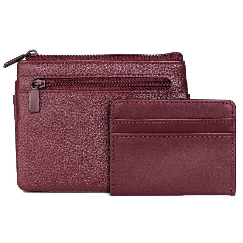 Women's Leather ID Coin Card Case with Zipper & Card Slots - Red