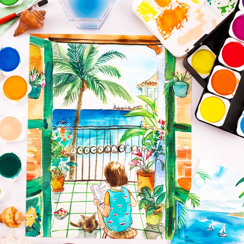 Kids Watercolor Paint Set - 24 Vibrant Cakes with Brush & Palette for Beginners & Artists