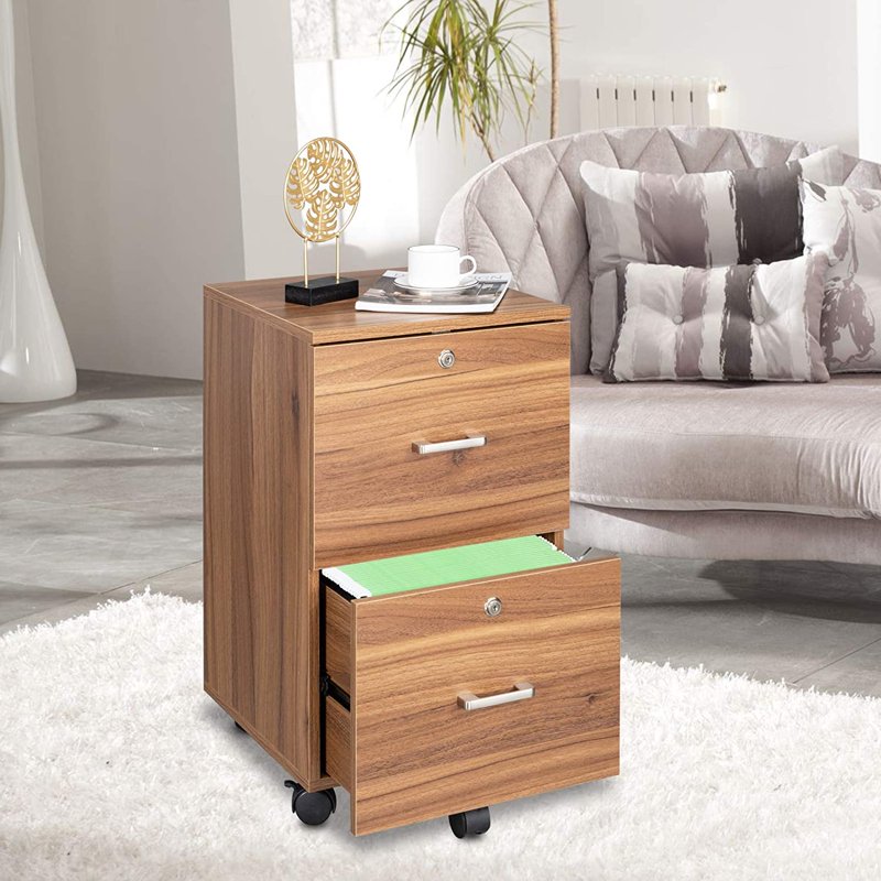 Rolling File Cabinet with Lock - 2 Drawer Wooden Mobile Storage for Office
