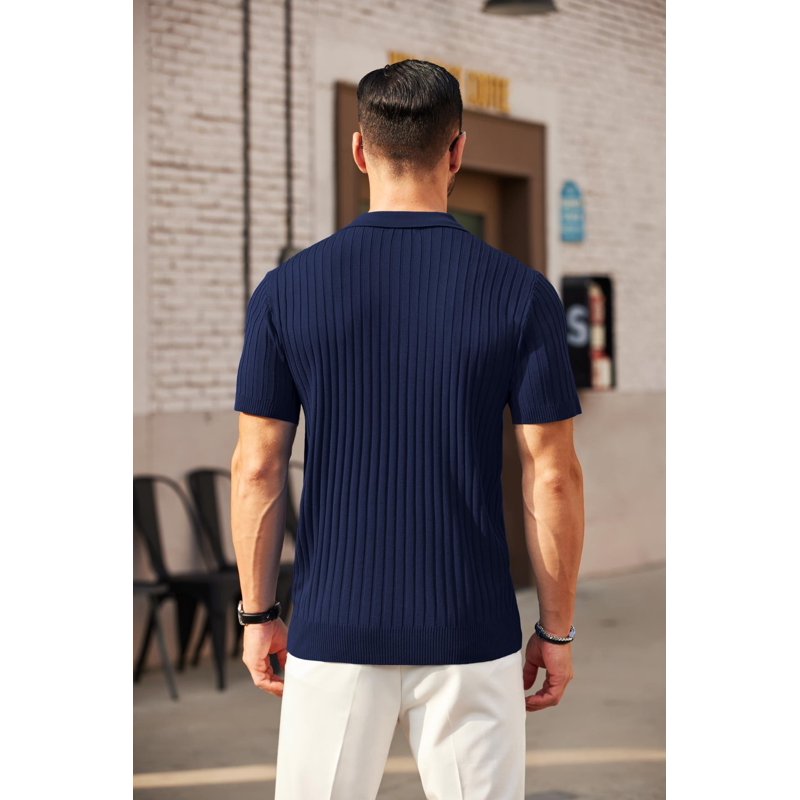 Men's Zipper Polo Shirt - Casual Ribbed Knit Golf T-Shirt for Men