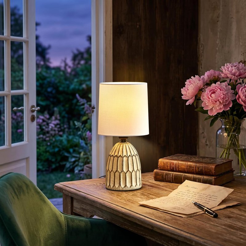 Small Ceramic Table Lamp Set - Rustic Farmhouse Boho Bedside & End Table Lamps