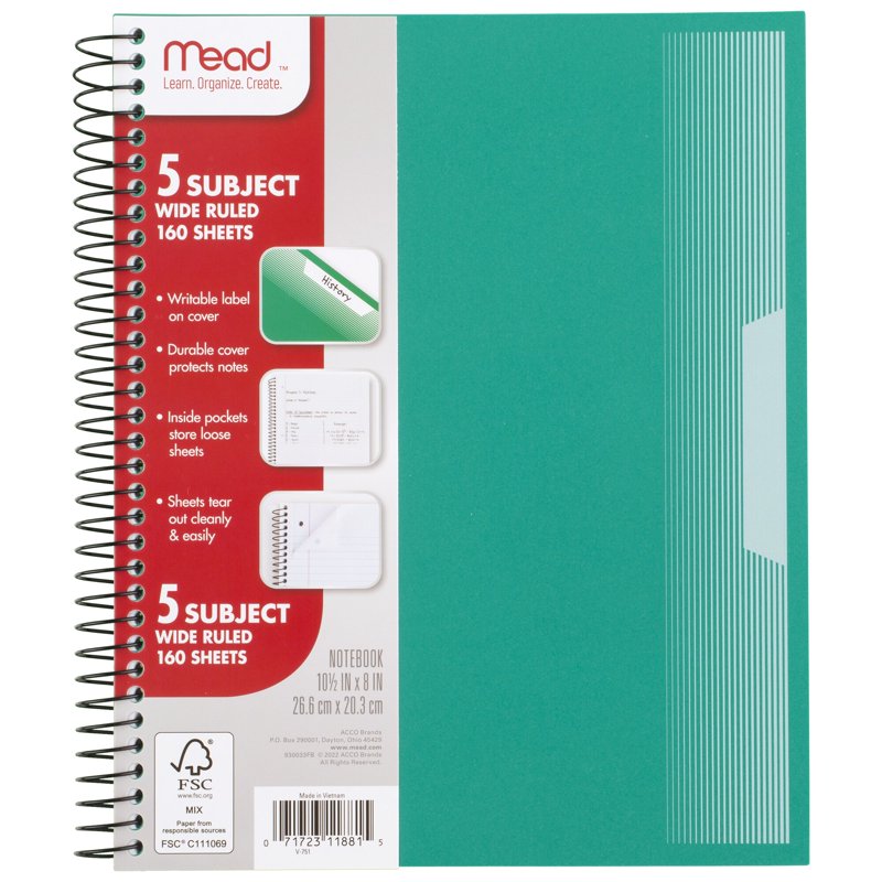 5-Subject Wide Ruled Spiral Notebook with Plastic Cover 8 x 10 - Pack of 12