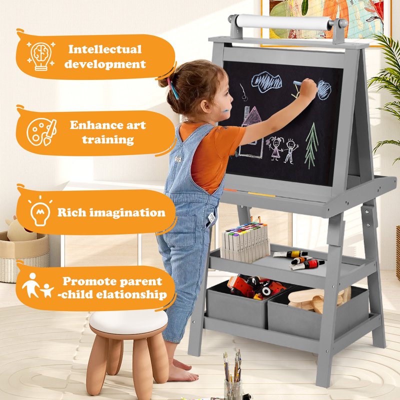 Kids Art Easel with Whiteboard & Chalkboard, Double-Sided Magnetic Surface, Paper Rollers, Gray