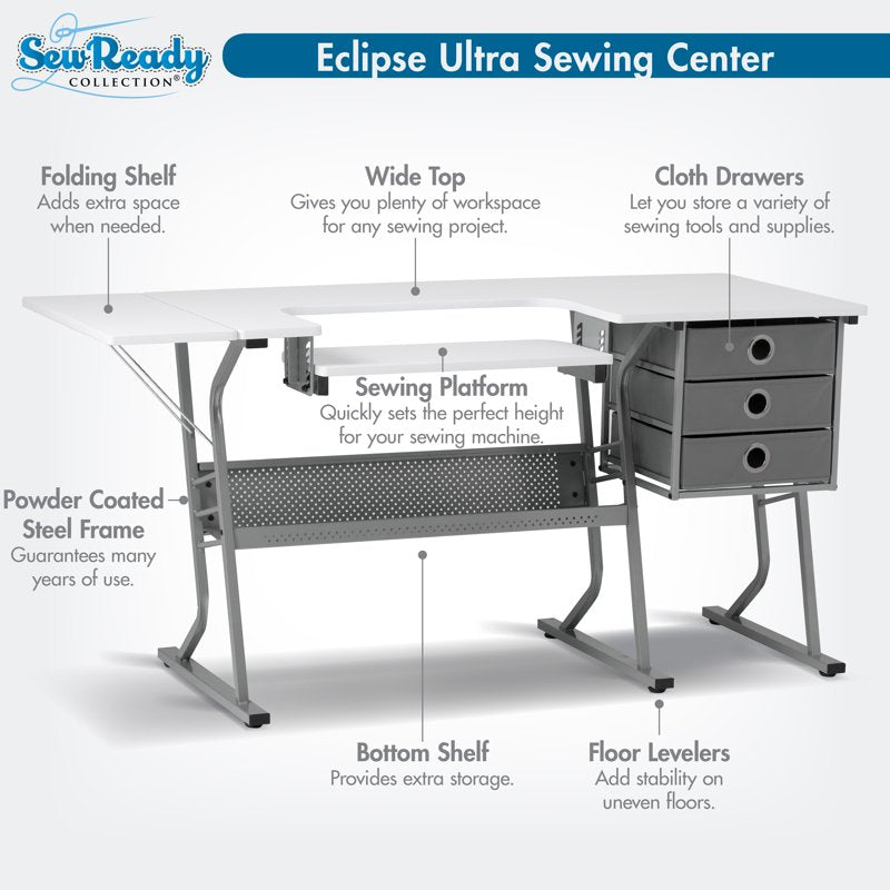Large Sewing Machine Table with Storage, Adjustable Shelf & Foldable Side Shelf