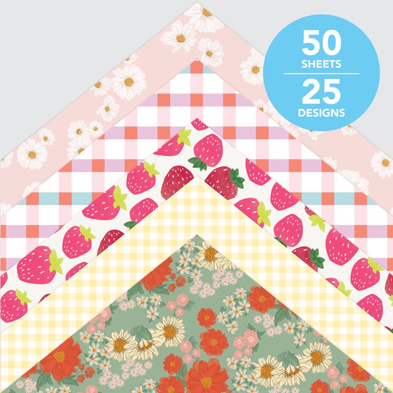 Sunny Florals Scrapbook Paper Pad 12x12 Inches 50 Sheets - Floral & Picnic Designs