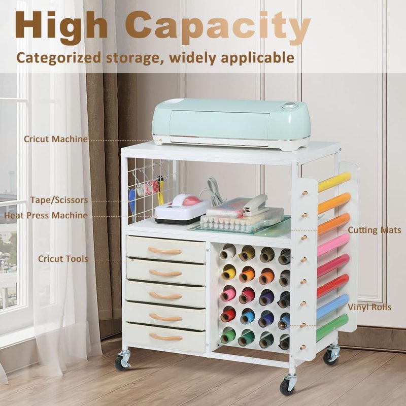 Craft Storage Cart with 28 Vinyl Roll Holders and 5 Drawers - Rolling Organizer for Cricut Machines