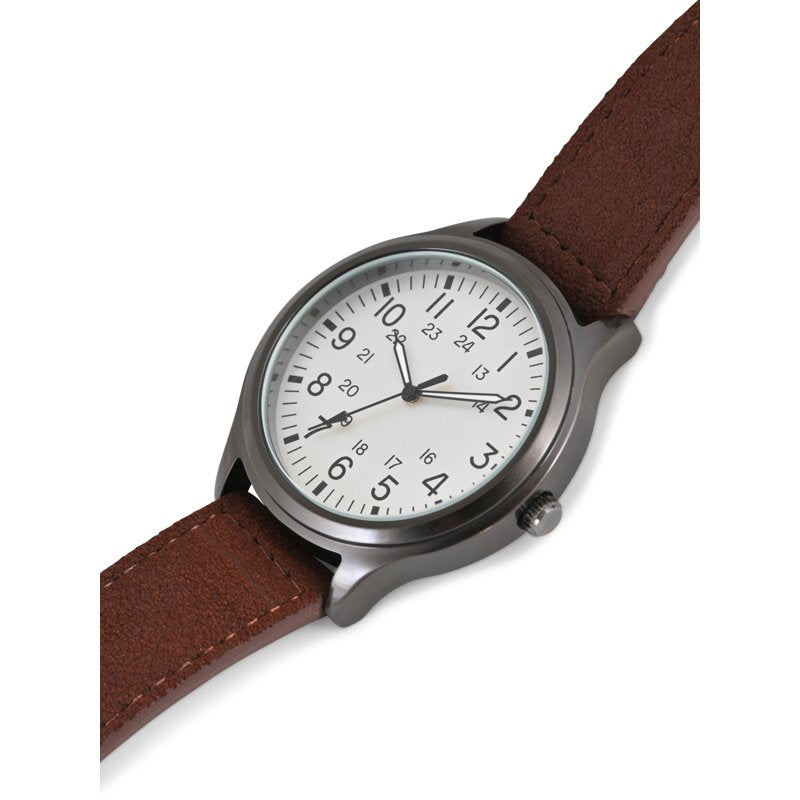 George Men's Gunmetal Round Case Watch with Easy Read Dial & Brown Leather Strap 44MM