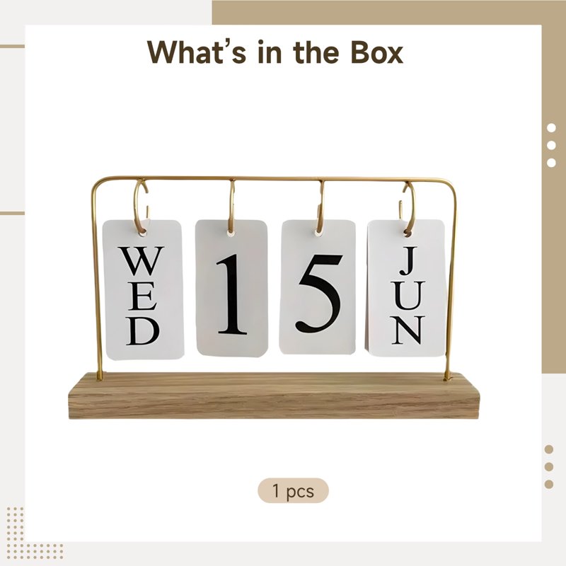 Flip Wooden Perpetual Desk Calendar with Gold Metal Frame - Modern Home Office Decor