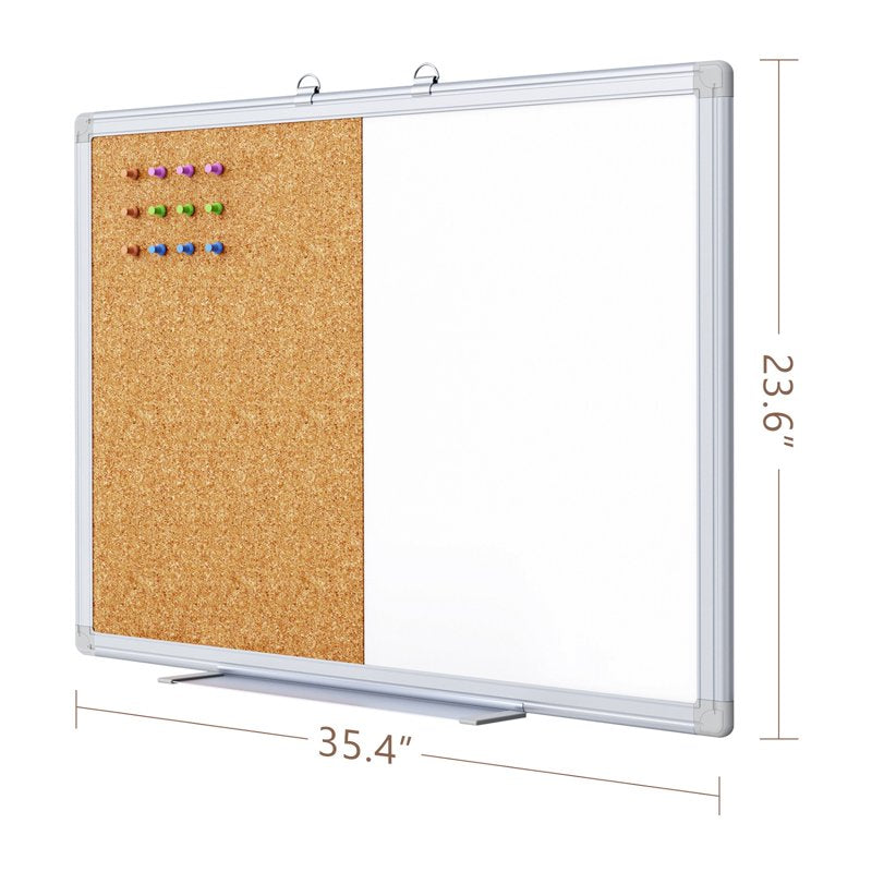 Magnetic Whiteboard and Cork Bulletin Board Combo 36x24 Inches - Wall Mountable Office & Home Organization