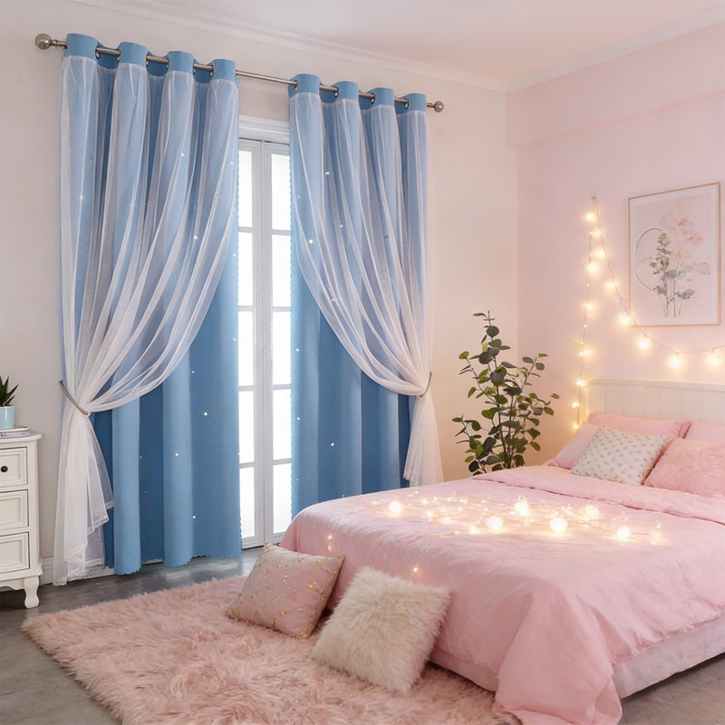 Double Layer Star Pattern Blackout Curtains with Sheer Lace Overlay - Insulated Window Treatments