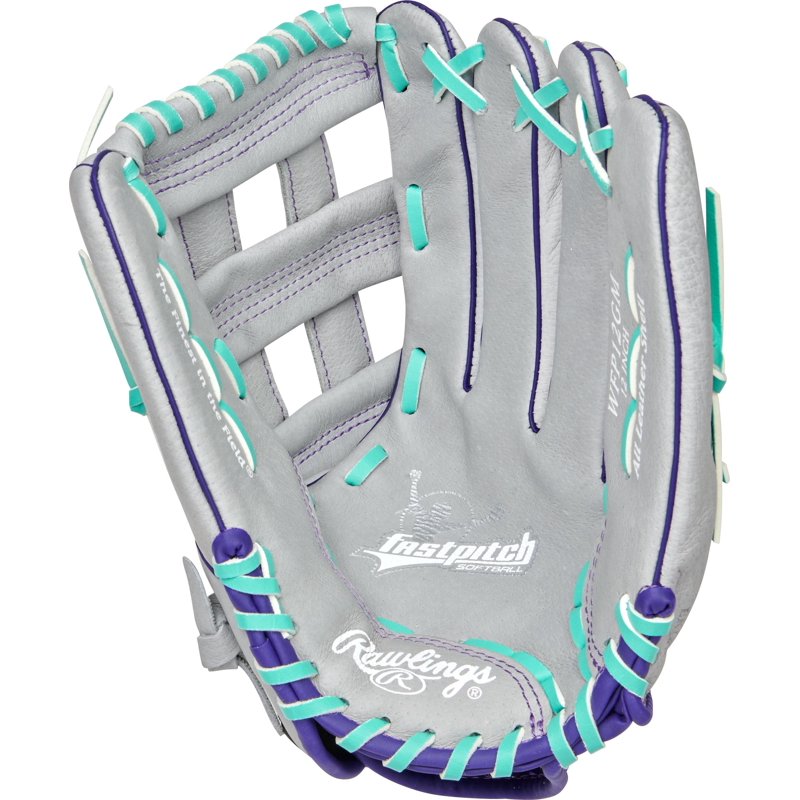 Youth Fastpitch Softball Glove 12 Inch Basket Web Gray Mint Right Hand