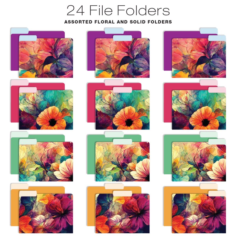 12 Hanging File Folders with Metal Basket - Colorful Abstract Floral Design