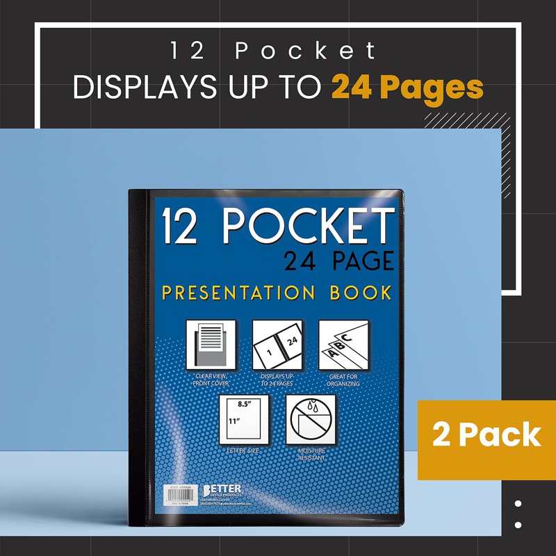 12-Pocket Presentation Book with Clear View Cover - Black, 24 Sheet Protectors, Letter Size, Pack of 2