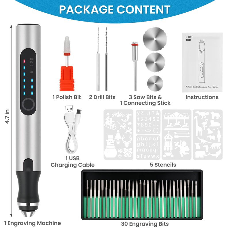 Cordless Engraving Pen Kit with 48 Bits & 4 Stencils - USB-C Rechargeable, Metal & Wood Engraver