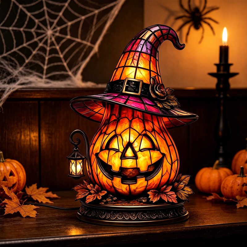 Pumpkin Night Light Lamp - 11.81 Inch Stained Glass Style Witch Hat Table Lamp (Variation: Pumpkin Lamp-2)