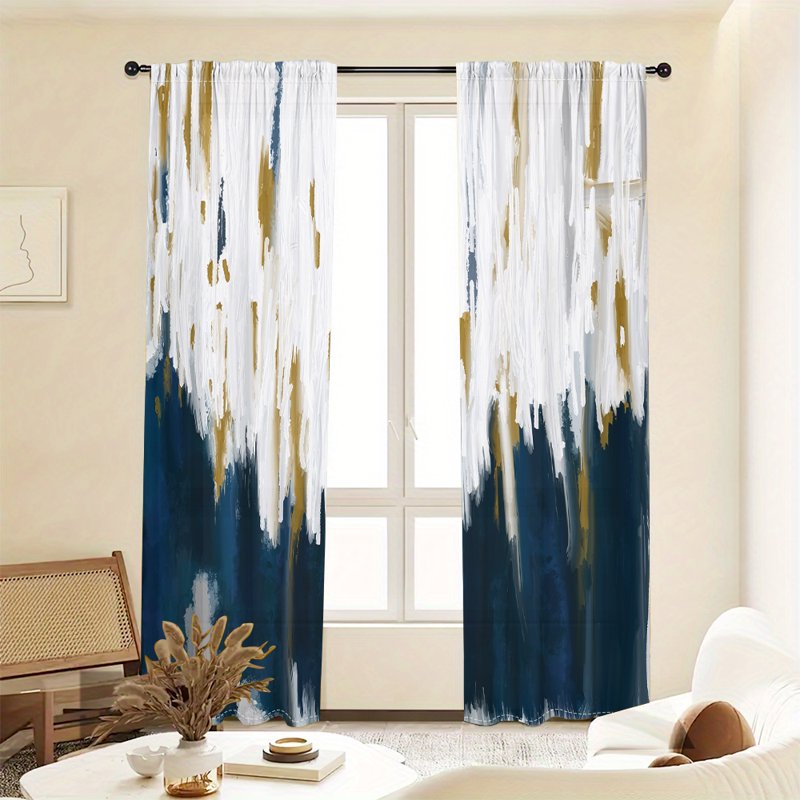 Light-Filtering Curtains Set of 2 - Modern Navy Blue & White Abstract Design
