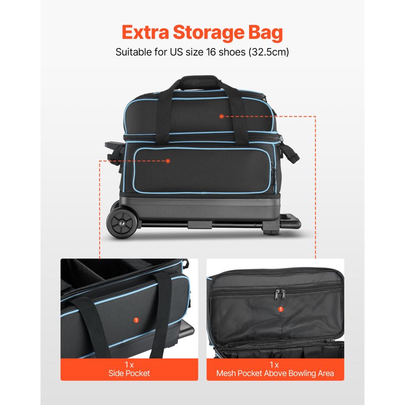 2-Ball Bowling Bag with Wheels and Shoe Compartment - Fits Up to US Size 16