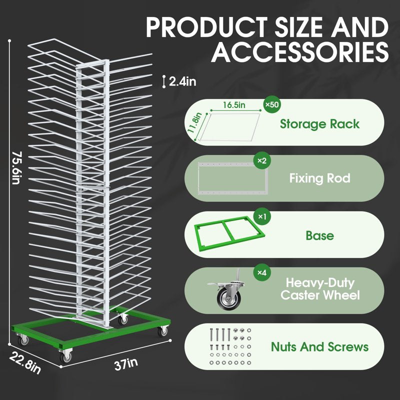 Heavy-Duty 50-Shelf Paint Drying Rack for Cabinets & Doors - Space-Saving Vertical Stand