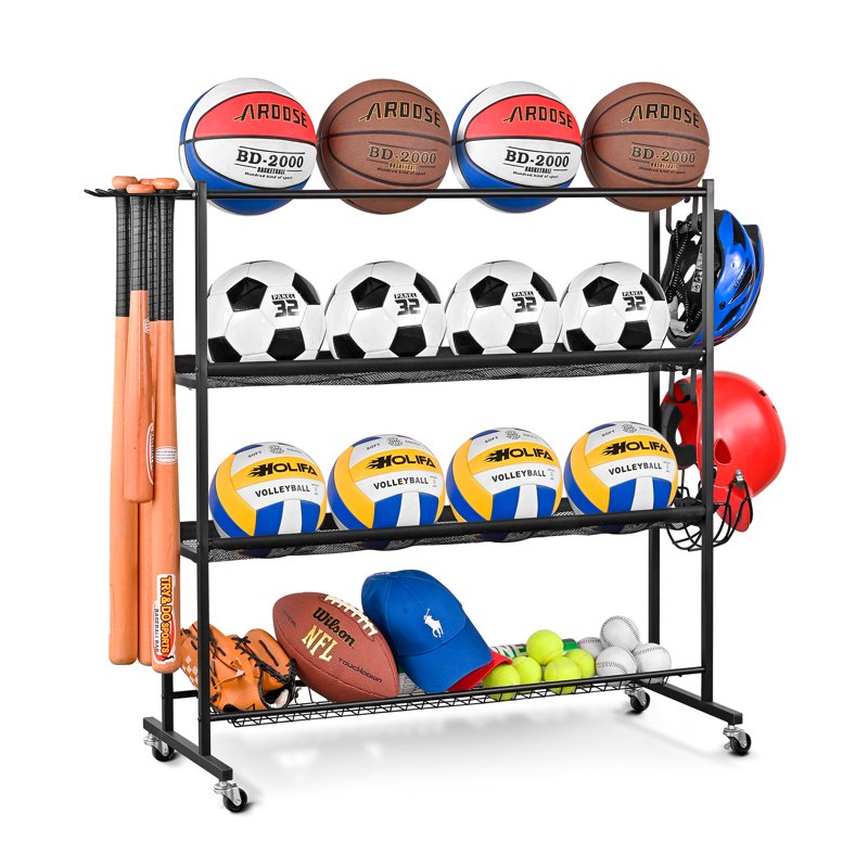 Garage Ball Storage Rack with Wheels for Sports Equipment Organizer