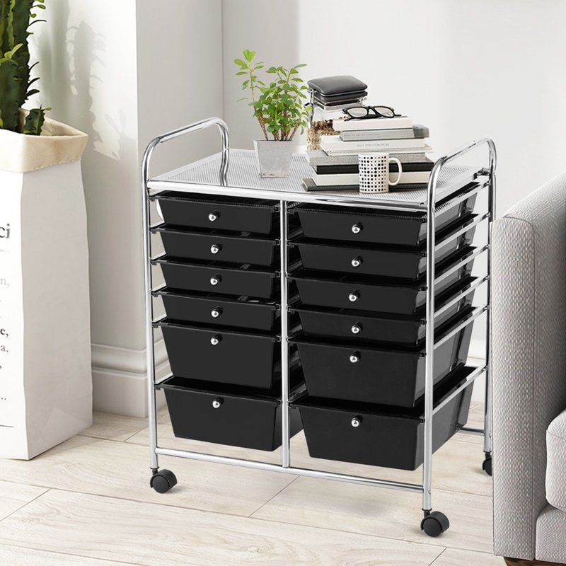 12-Drawer Rolling Storage Cart with Lockable Wheels - Black Metal Organizer