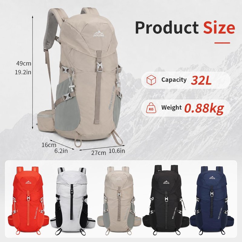 JIDIZHE 32L Hiking Backpack with Internal Frame & Rain Cover - Gray005