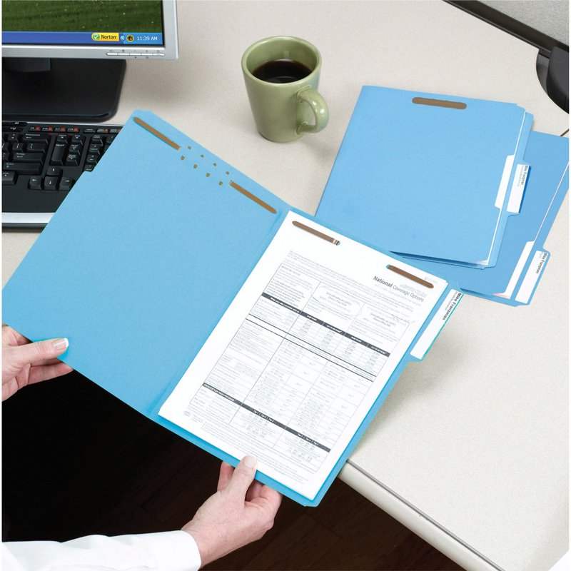 Blue Fastener File Folders with Reinforced Tabs - 50 Pack, Letter Size