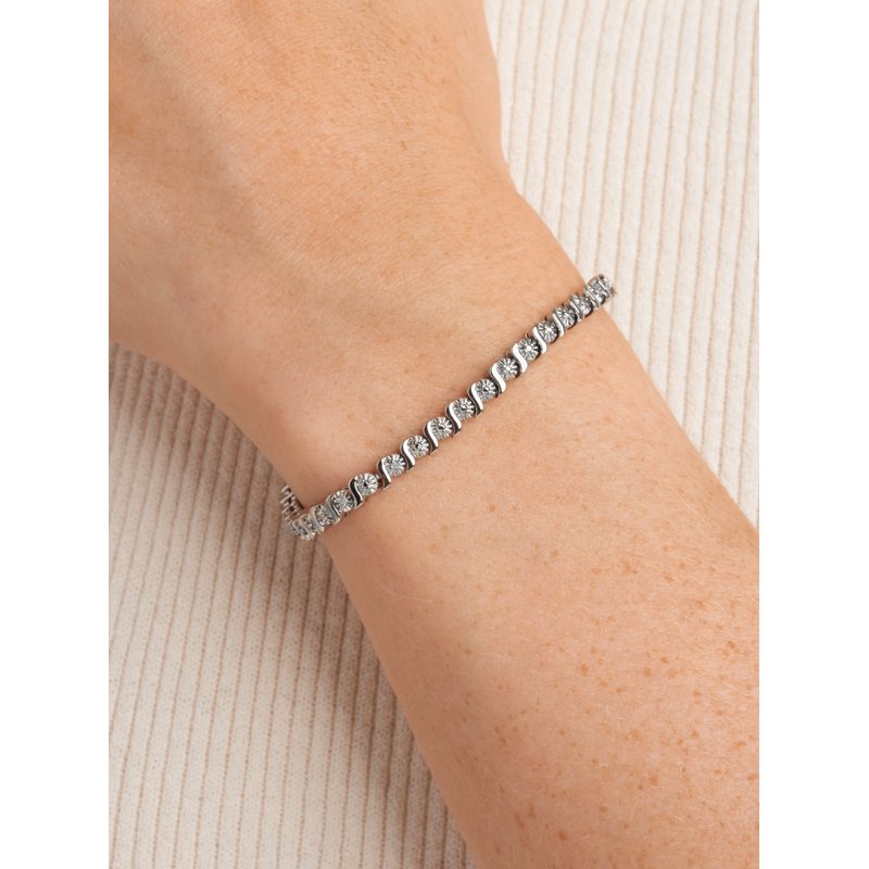 Silver Tone S Shape Link Tennis Bracelet with Diamond Accents 7.25"