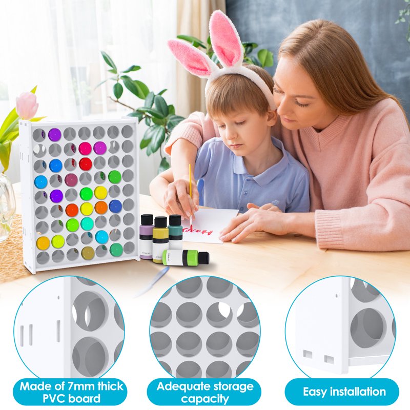 Wall-Mounted Paint Storage Organizer with 63 Holes for 2oz Craft Paint Bottles