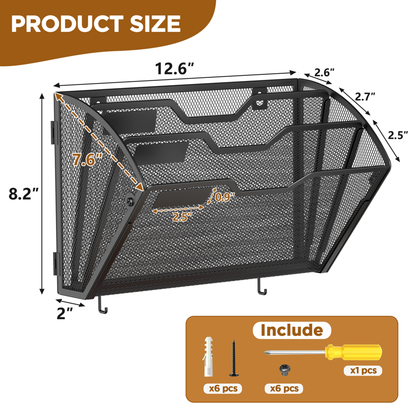 Wall File Organizer with Hooks - Large Capacity Mesh Paper Holder for Office and Home