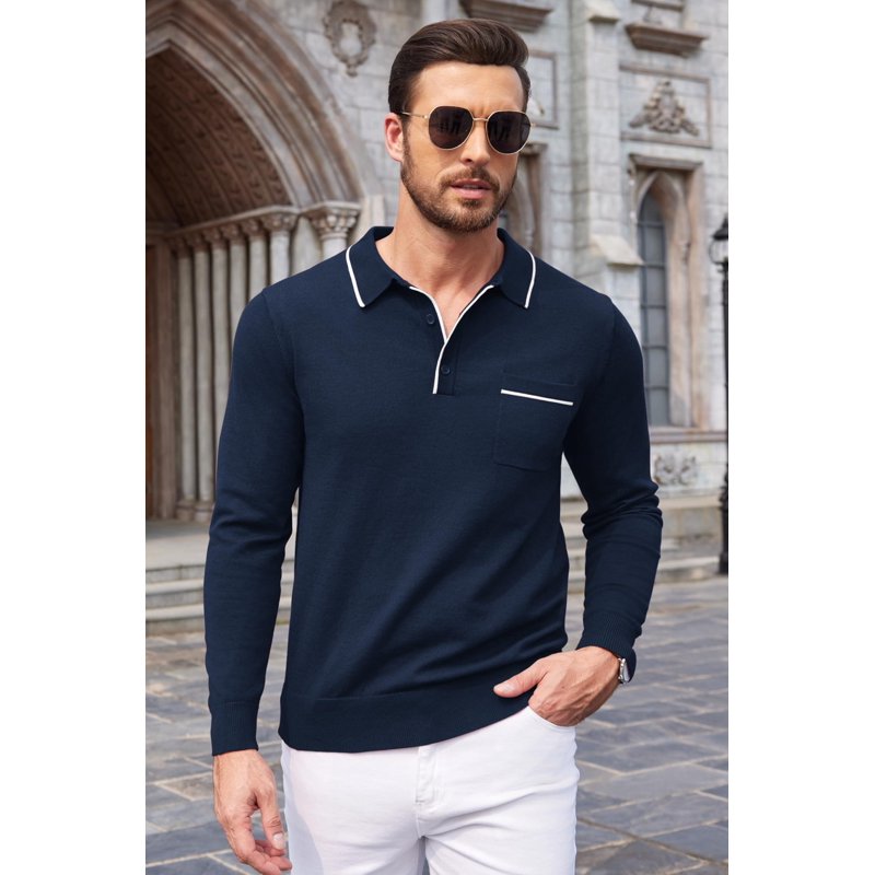 Men's Knit Polo Shirt Long Sleeve Casual Business Sweater with Pocket