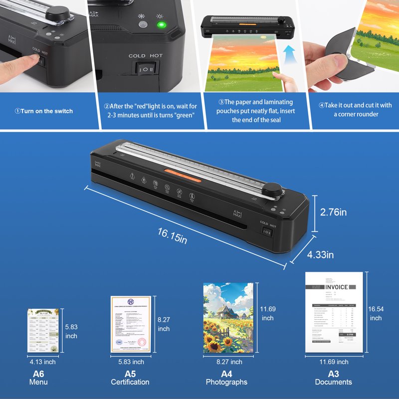 A3 Laminator Machine 13 Inch Hot Cold Thermal Laminator with Sheets, Trimmer & Corner Rounder