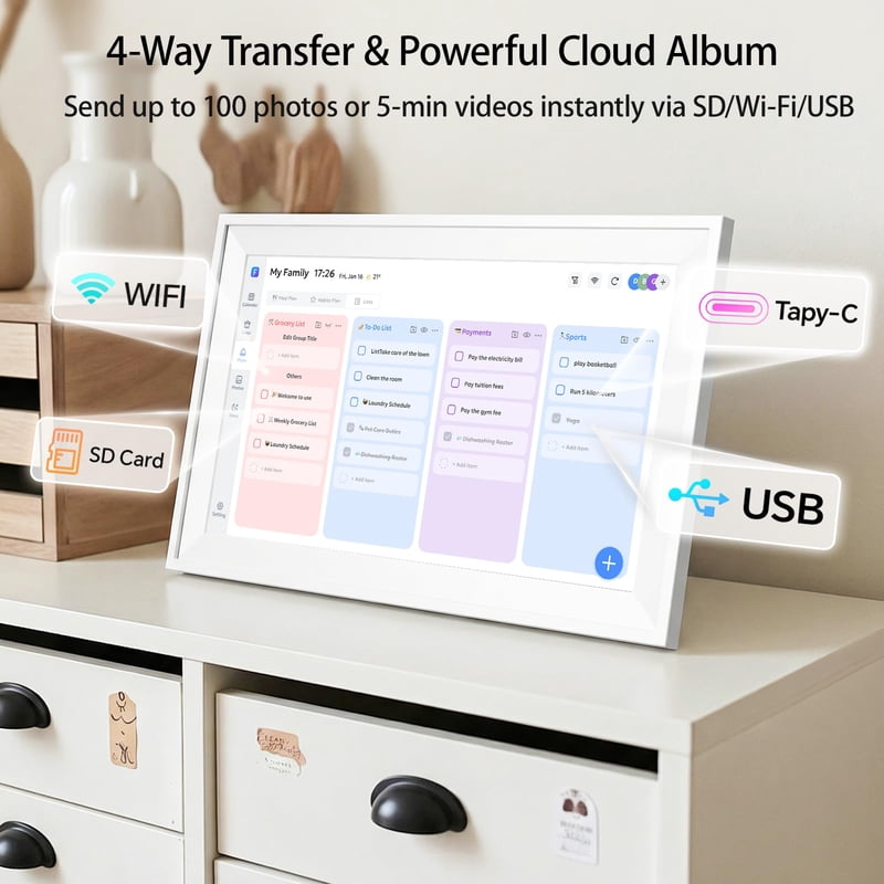 Digital Family Calendar with Touchscreen - Wall & Desk Mount, Chore & Meal Planner