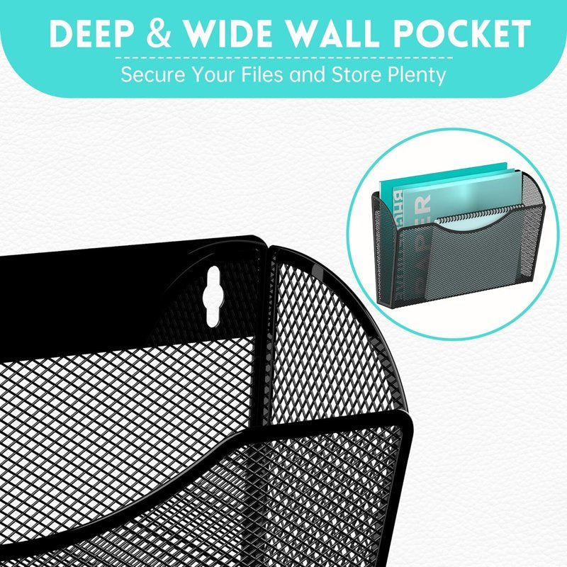 Wall Mount Mesh File Organizer - Hanging Desktop Magazine & Document Holder, Black