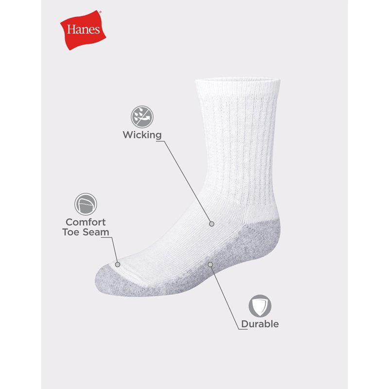 Hanes Double Tough Boys' Cushion Crew Socks 12-Pair - White, Size S