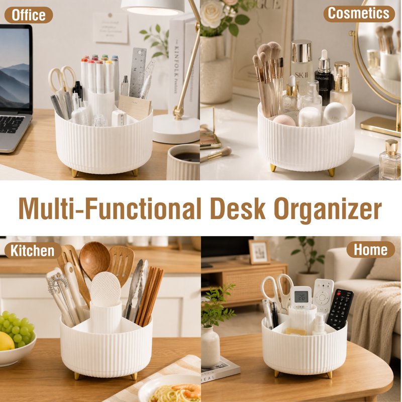 5-Compartment Desktop Organizer with Rotating Design - Office & Makeup Storage