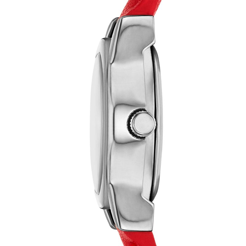 Women's Silver Tone Oval Wristwatch with Red Faux Leather Strap - 19mm