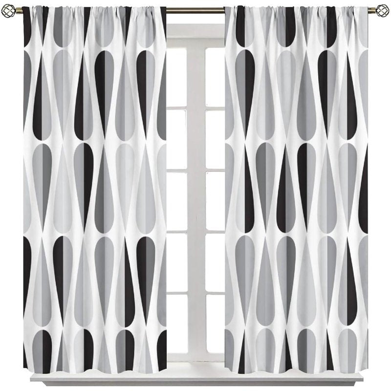 Mid Century Black White Gray Droplet Pattern Curtains - Thermal Insulated Window Drapes, 2 Panels
