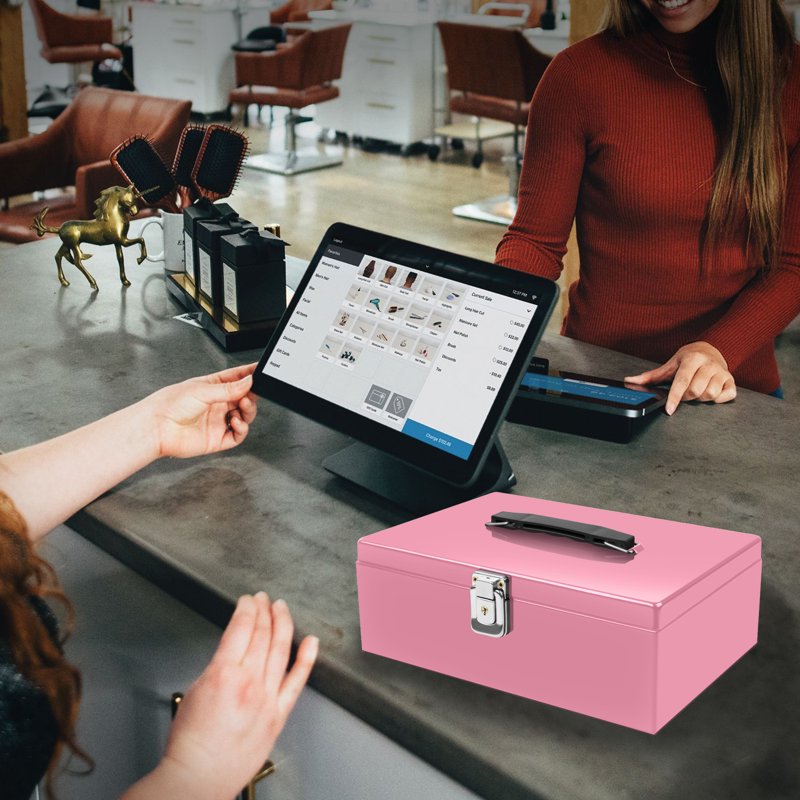 Pink Metal Cash Box with Lock & 7-Compartment Money Tray - Secure Storage for Small Businesses