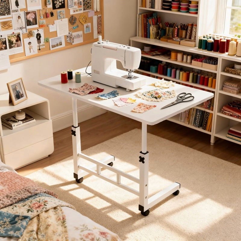 Adjustable Height Craft Table with Storage and Silent Wheels for Sewing & Knitting