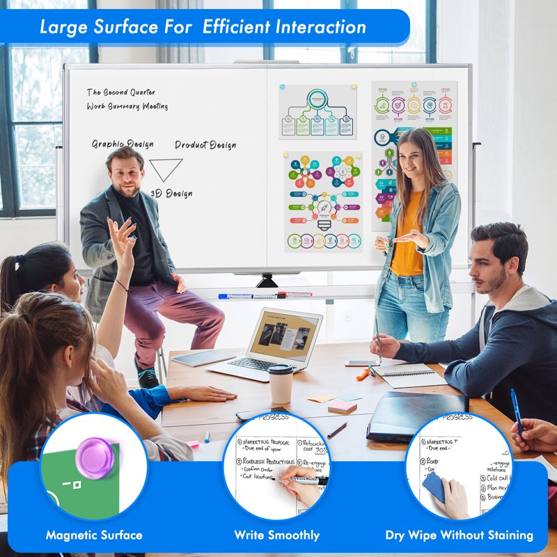 Large Double-Sided Mobile Whiteboard on Wheels - 72x40 Inches, Magnetic Dry Erase, Adjustable Stand for Office, School, Home
