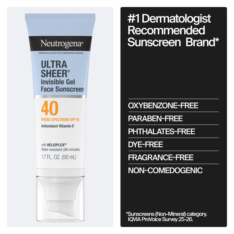 SPF 40 Face Sunscreen Gel - Invisible, Broad Spectrum, Water-Resistant